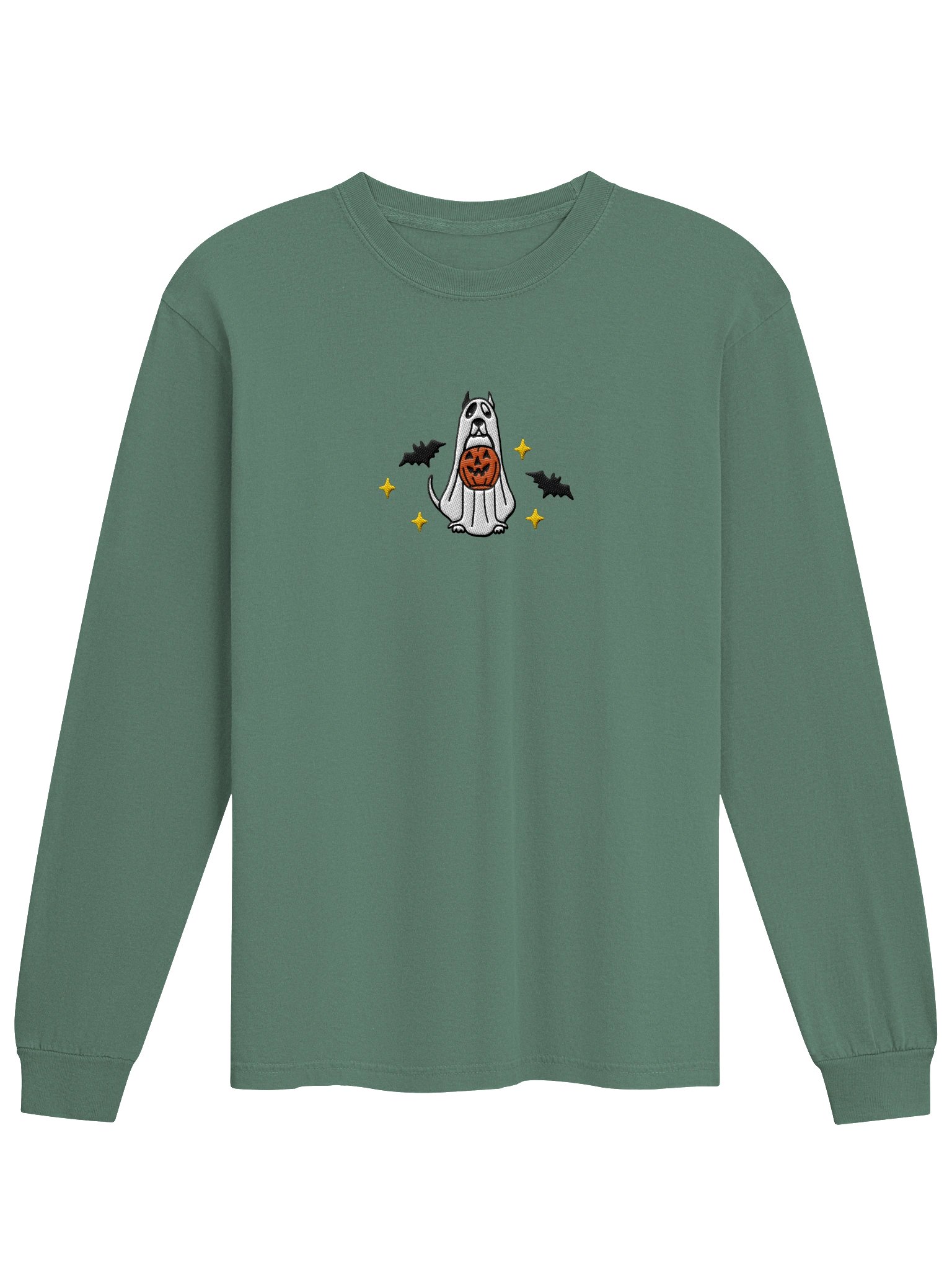 Halloween Pit Bull/ Staffordshire Terrier(White, Cropped Ears) Embroidered Long-Sleeve T-Shirt product image (25)