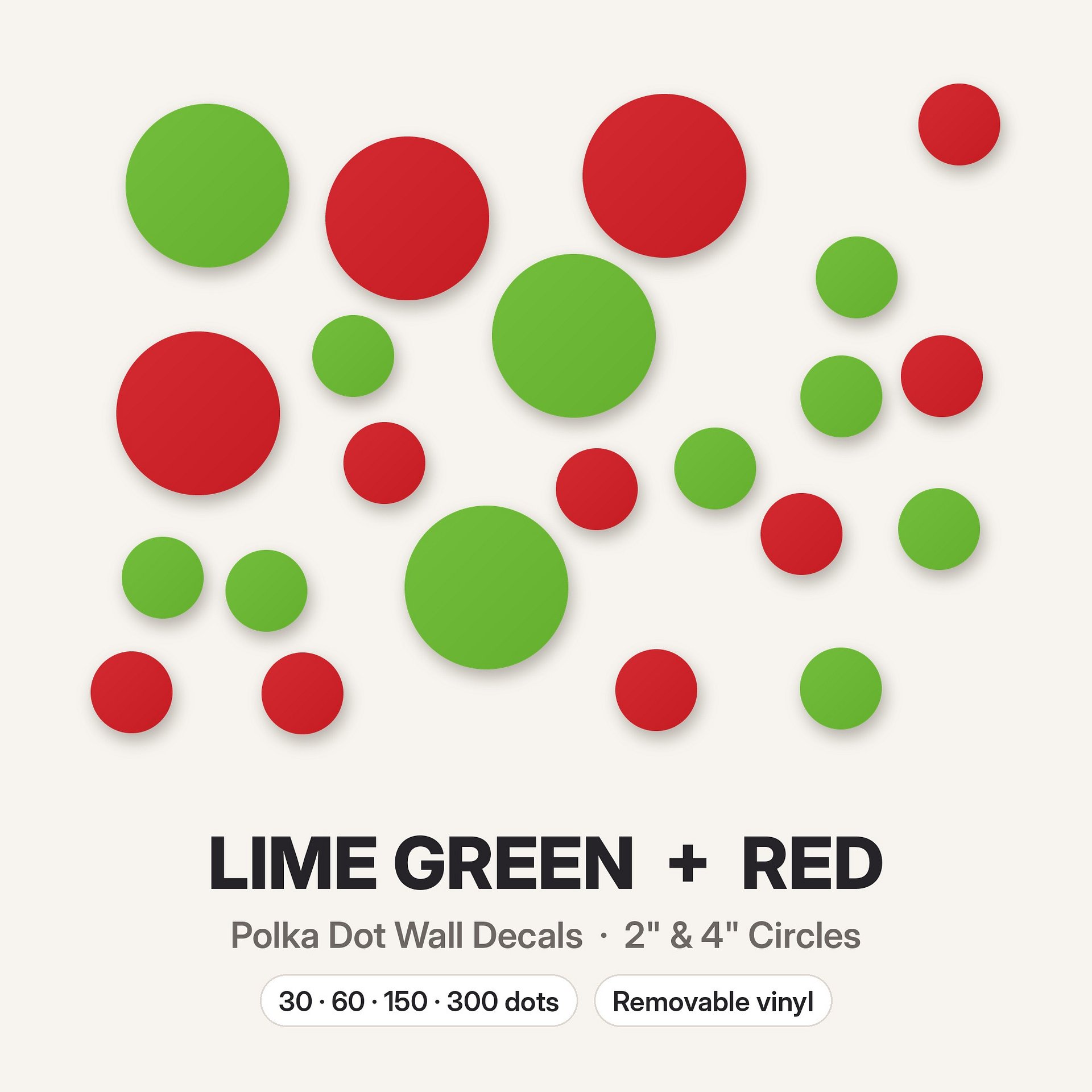 Lime Green and Red Polka Dot Wall Decals, 2" and 4" Vinyl Circle Stickers, Removable Dot Decals for Nursery, Kids Room, Playroom product image (3)