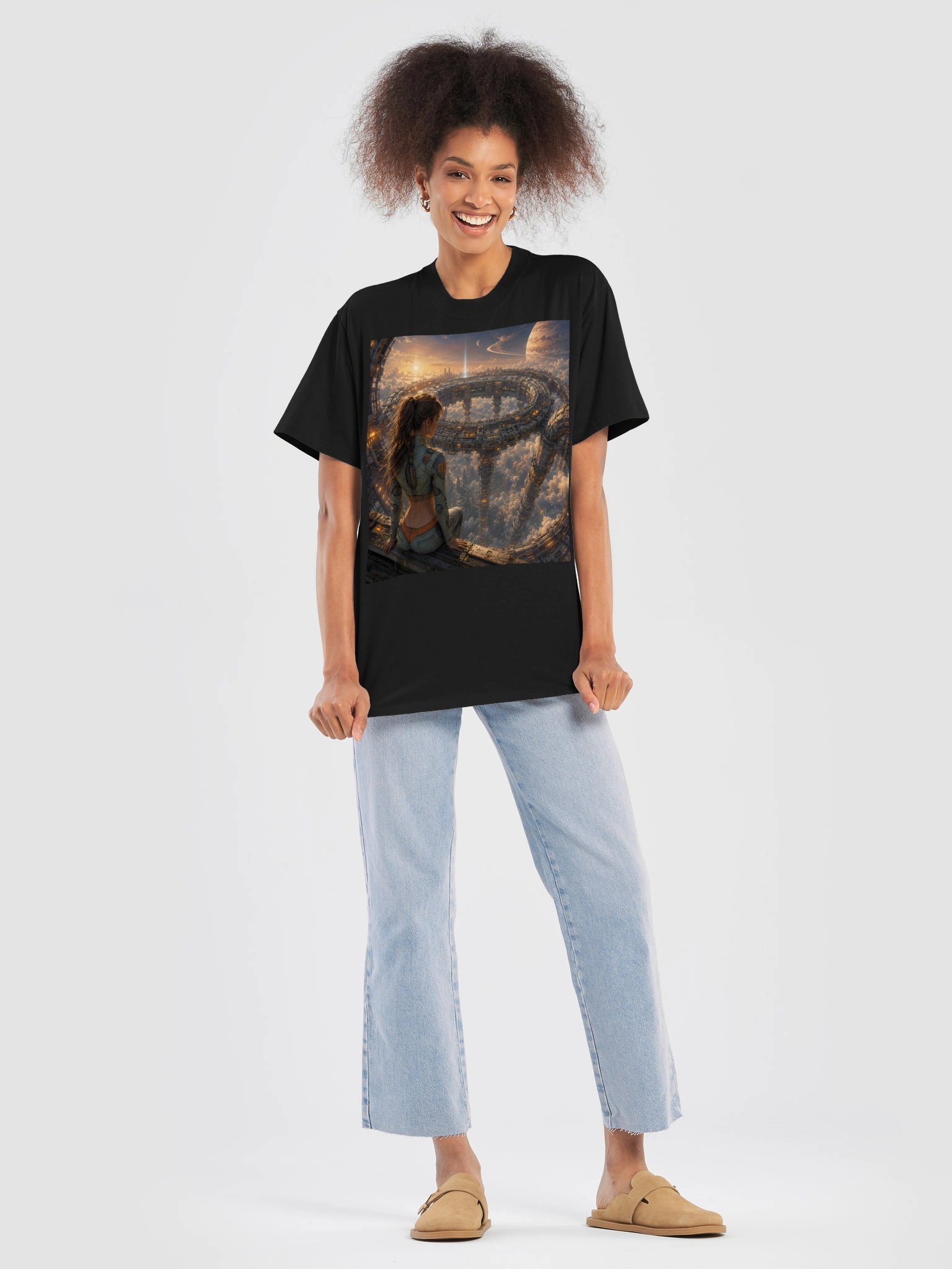 Futuristic Space Station Sci-Fi Graphic | Cosmic Cyberpunk Oversized T-Shirt product image (7)