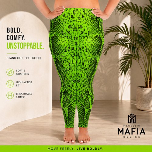 Lime Green Snake Skin Plus Size Legging

Bold all-over print plus size leggings designed for size-inclusive style and everyda...