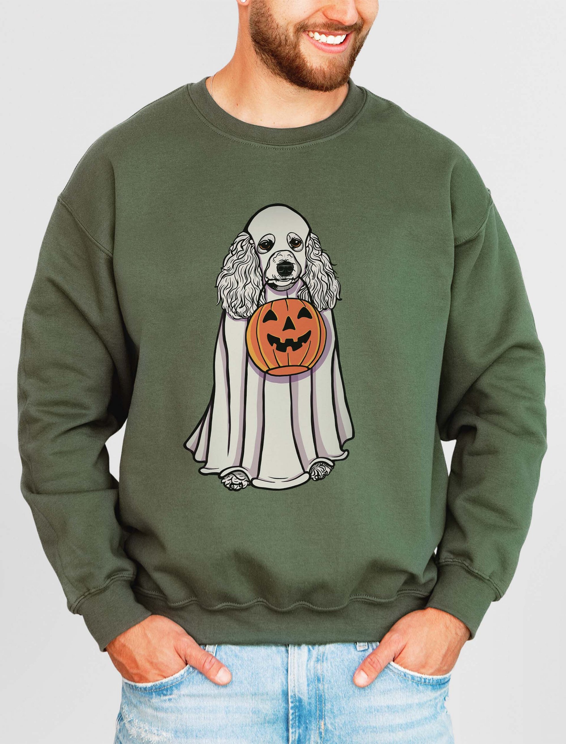 Funny Halloween Poodle(White) Sweatshirt | Funny Papillon Wearing a Ghost Costume and Holding a Pumpkin Basket product image (2)