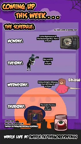 This Week's Tentative Stream Schedule - 10/5/2026 📆
.
.
.
#LittleNightmares #BenAndEd #HollowKnight #TheCabinFactory #TheGore...