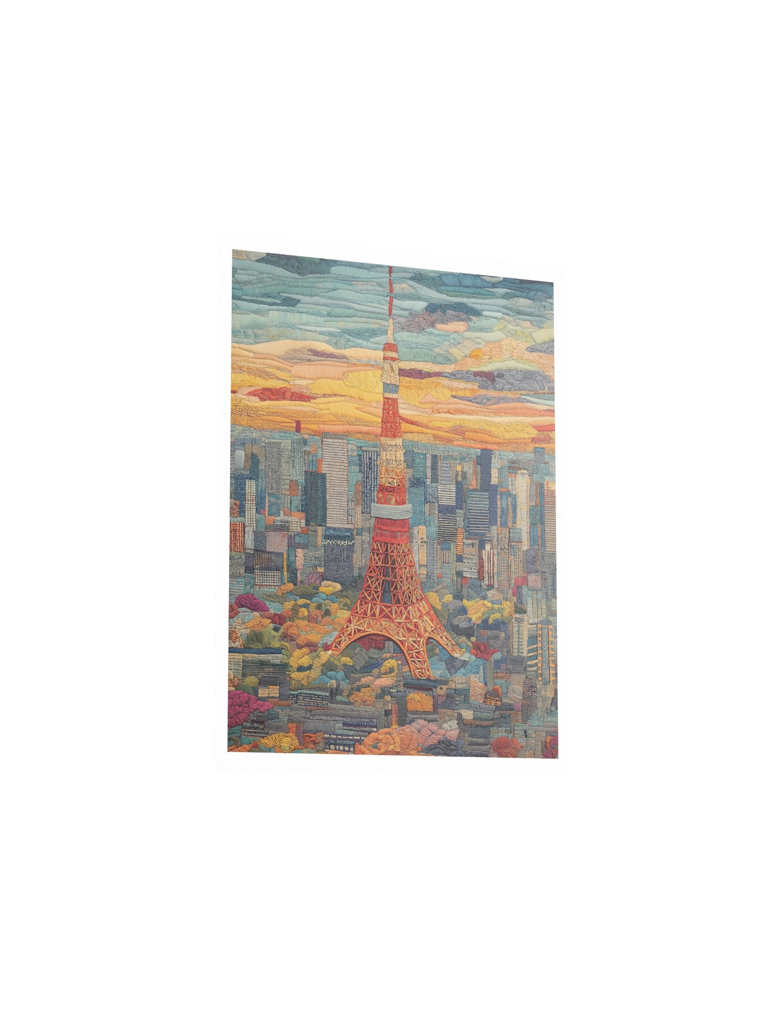 Golden Hour in Tokyo | Embroidery-Style Wall Art — Unframed Print product image (3)
