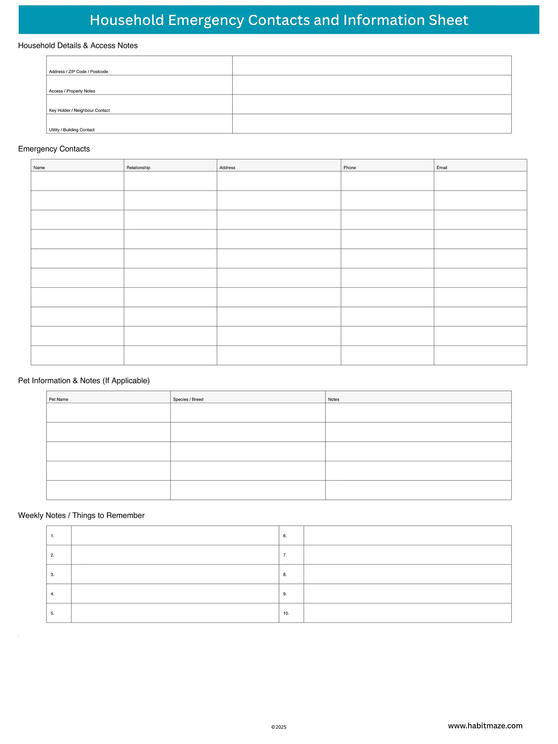 Household Emergency Contacts and Information Sheet product image (1)