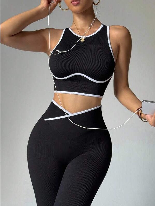 ADLEST Women's Contrast Trim Round Neck Backless Top And High Waist Pants Sports Suit product image (2)