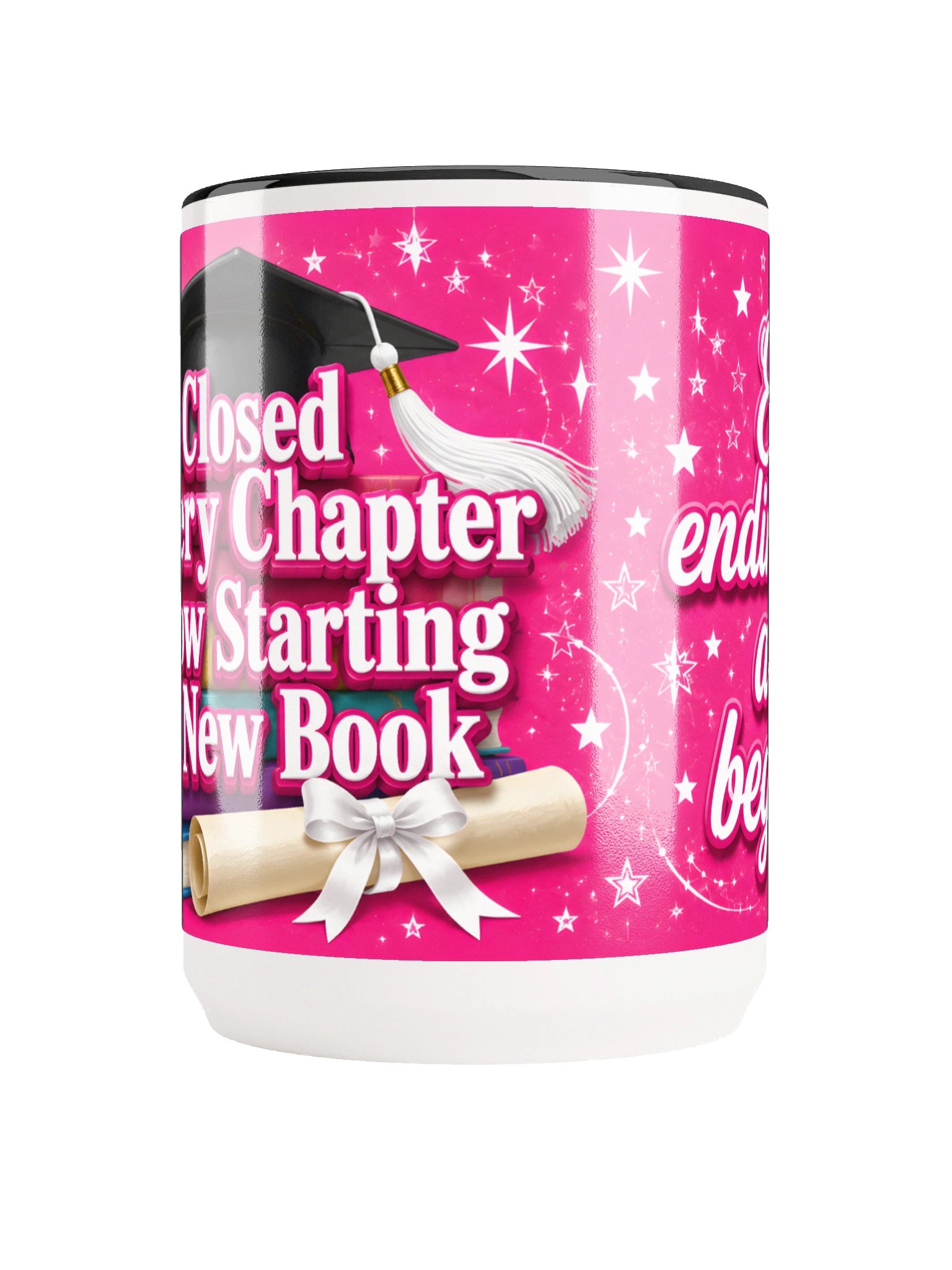 "Closed Every Chapter Now Starting a New Book" Graduation Mug — Pink Wrap product image (5)