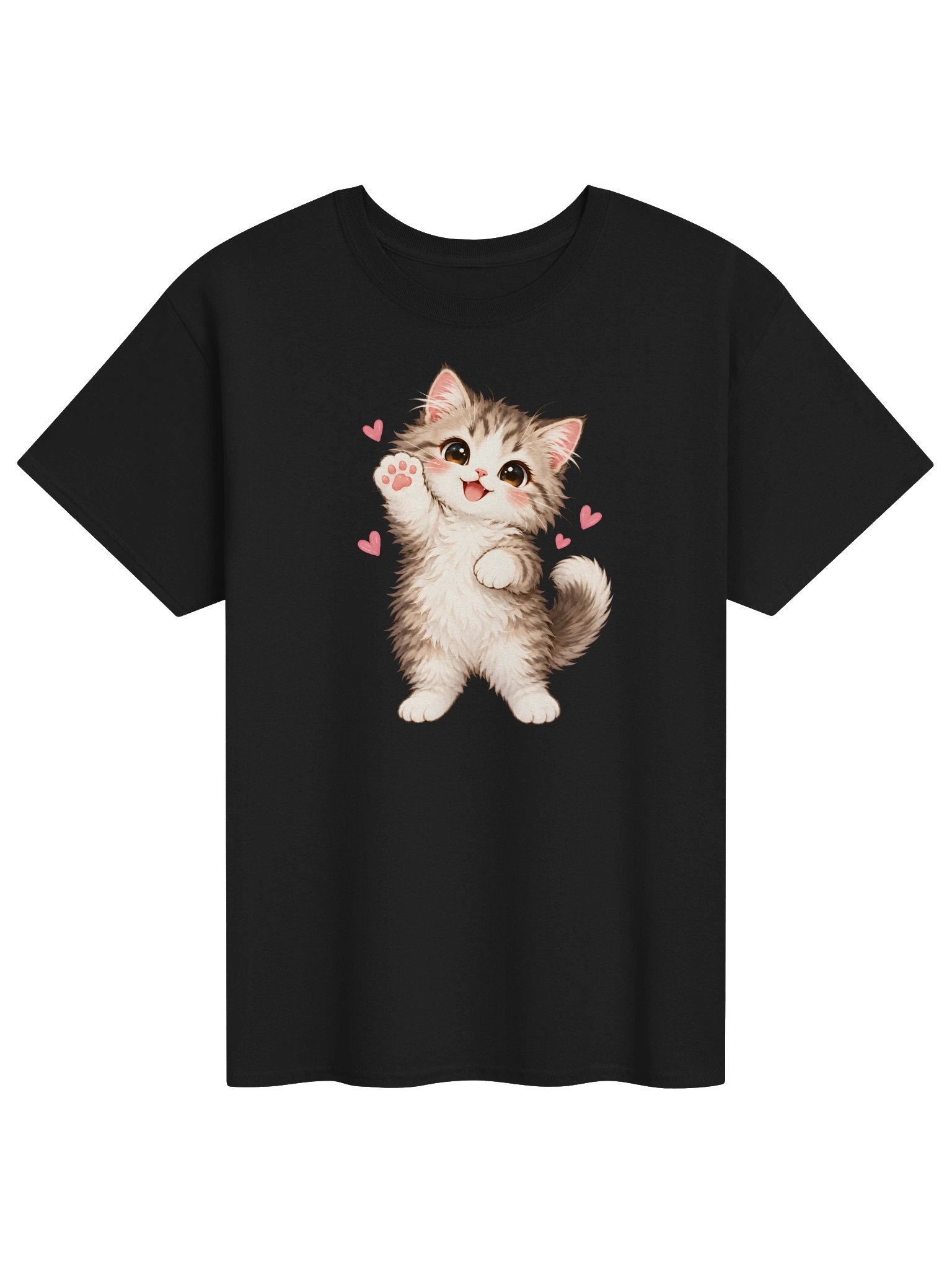 Cute Waving Kitten T-Shirt – Kawaii Cat with Hearts Graphic Tee view 3