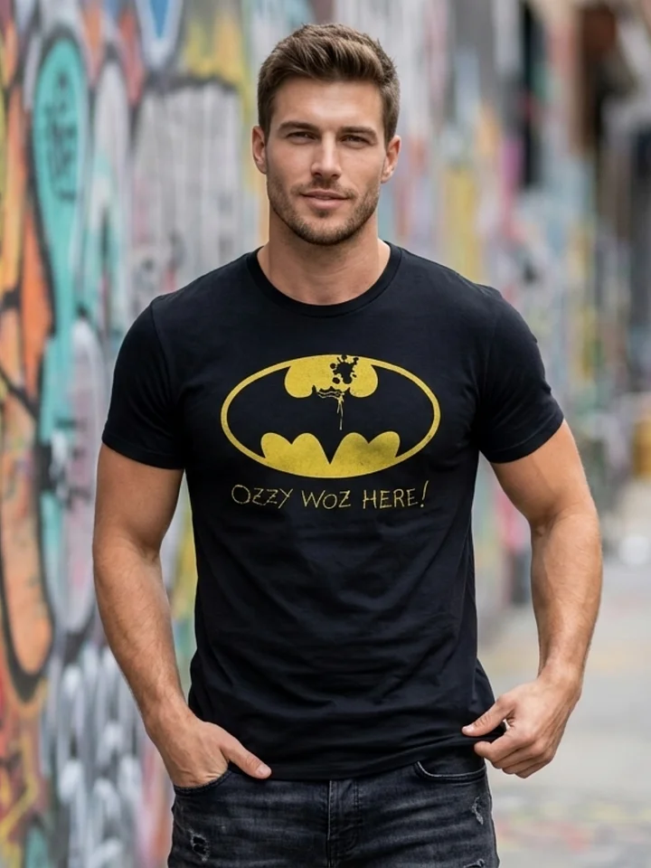 Ozzy Osbourne T-Shirt Ozzy Woz Here Batman Parody | Prince of Darkness Tribute Heavy Metal Graphic Tee | Black Sabbath Collector Shirt product image (1)