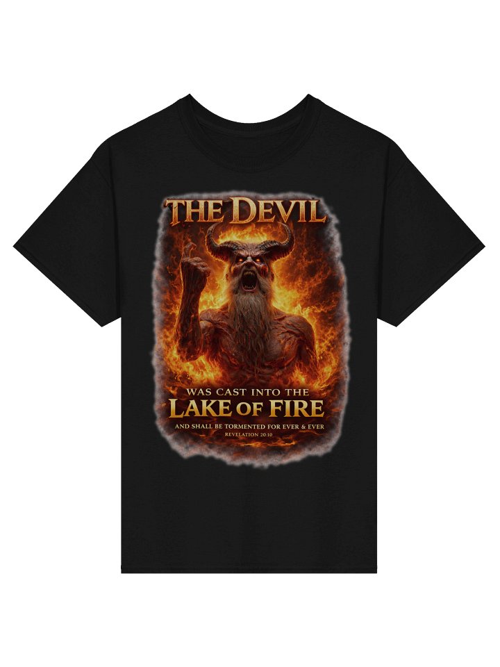 Revelation 20:10 Satan Defeated Lake of Fire Bible Verse T-Shirt – Angry Devil Shaking Fist at Heaven Christian Tee product image (1)