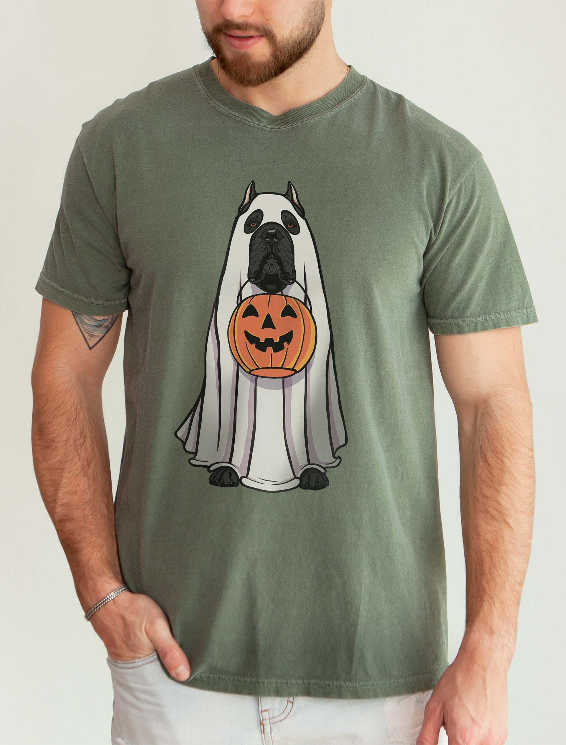 Funny Halloween Cane Corso(Black) T-Shirt | Funny Cane Corso Wearing a Ghost Costume and Holding a Pumpkin Basket product image (2)