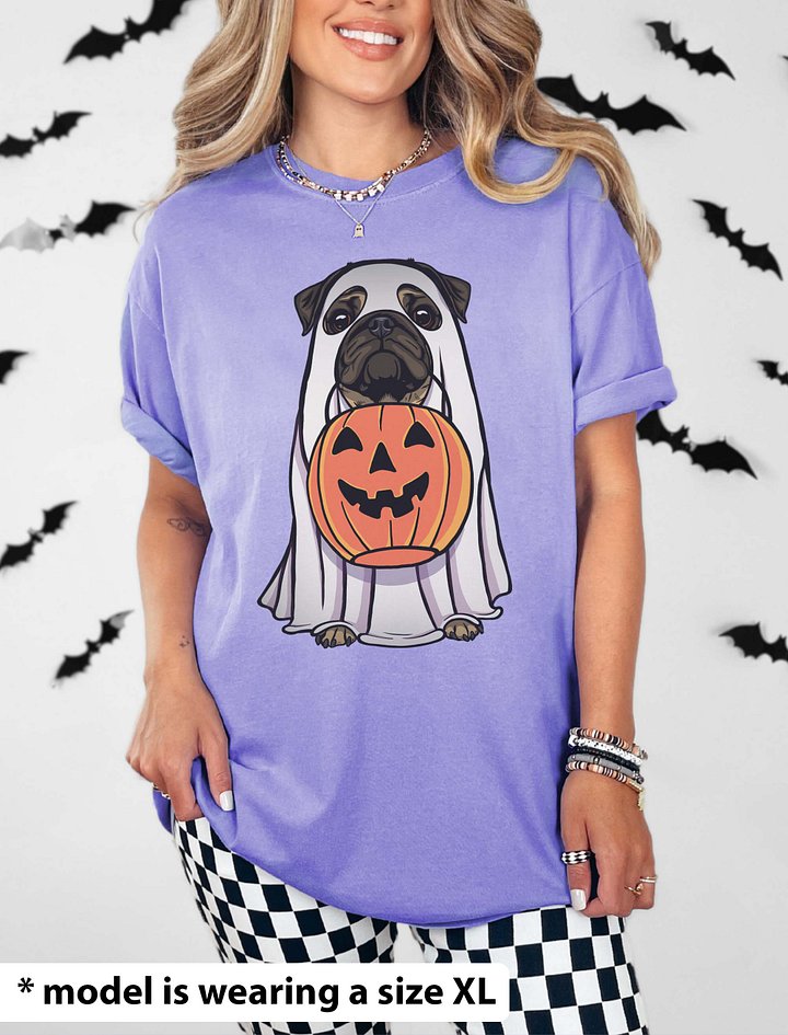 Funny Halloween Pug T-Shirt | Funny Dog Wearing a Ghost Costume and Holding a Pumpkin Basket product image (2)