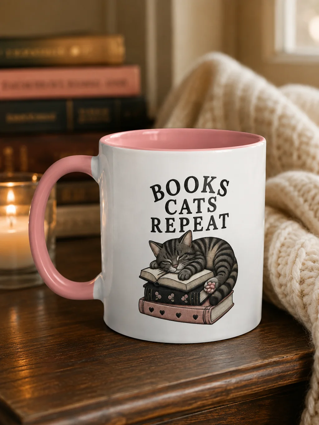 Books Cats Repeat Mug | Book Lover Gift for Cat Lovers product image (1)