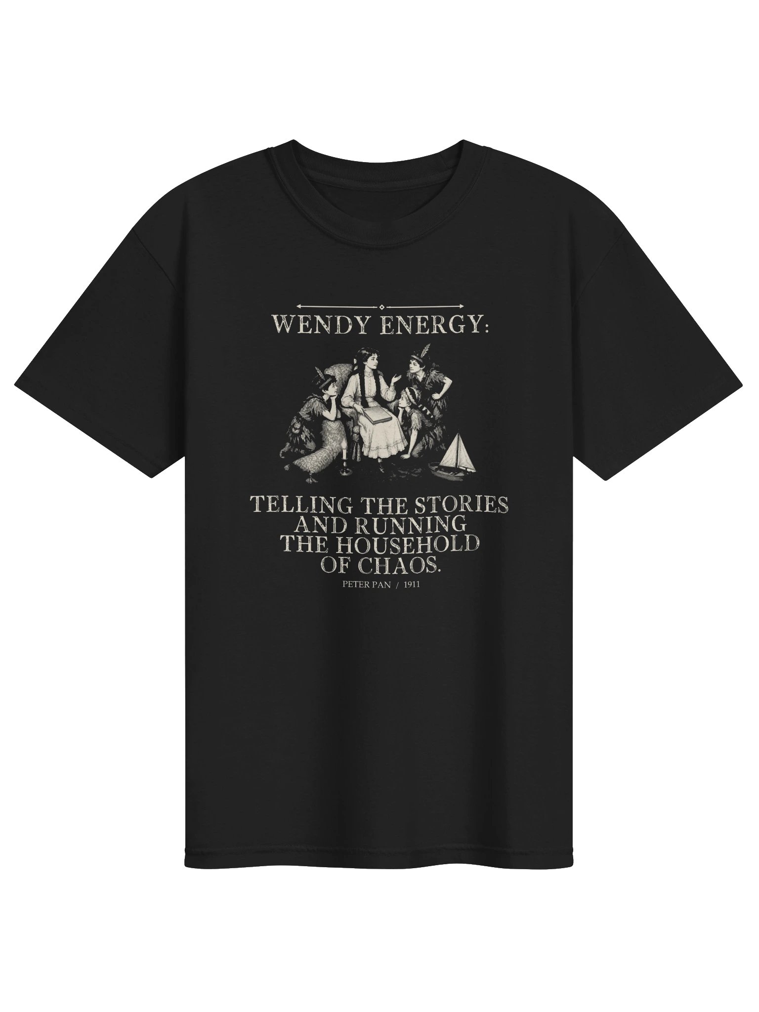 Wendy Energy Telling Stories Running Household Chaos -- Peter Pan Tee (Dark) product image (1)