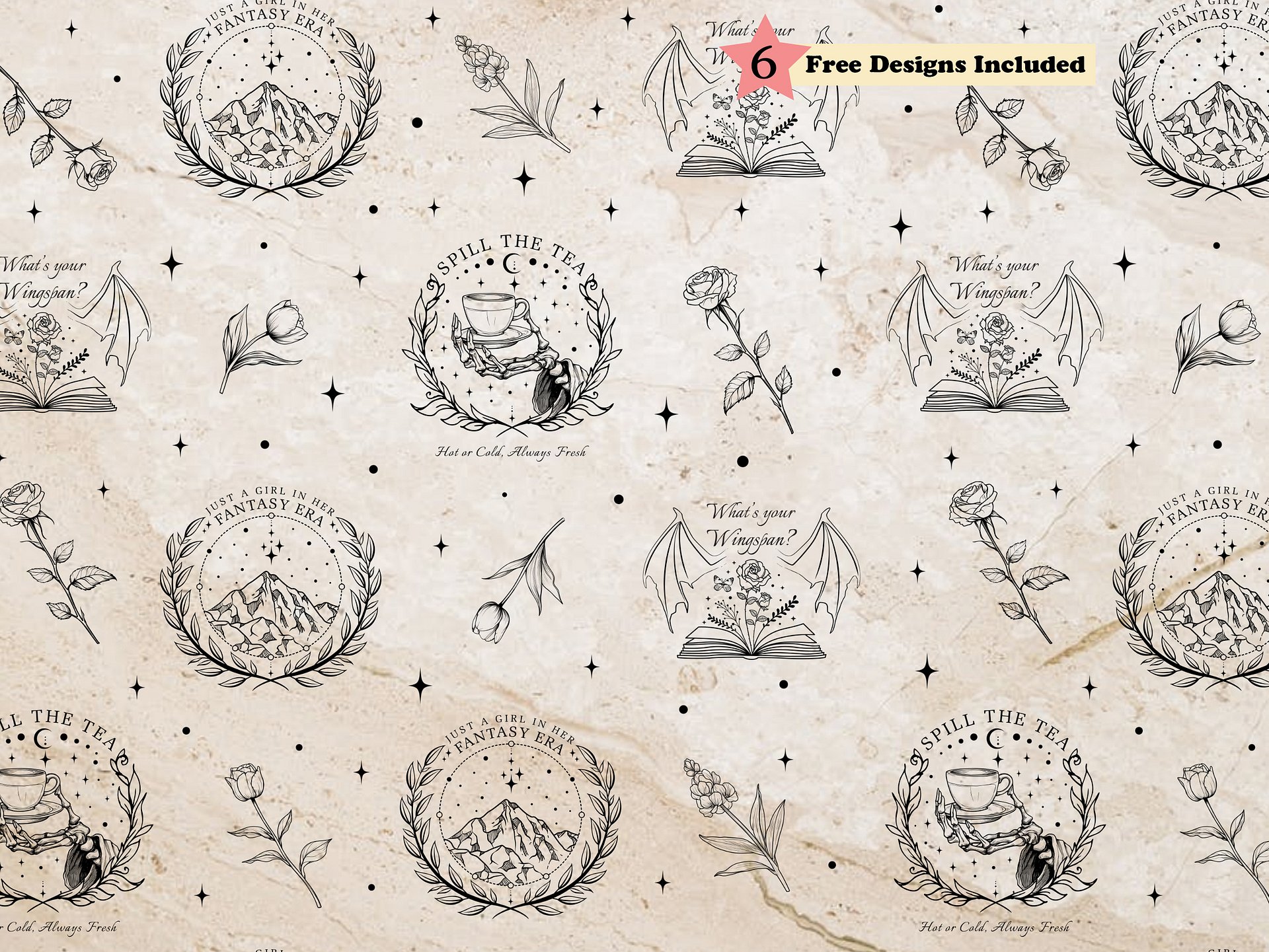 Romantasy Smut Book Reader Digital Paper Fabric Pattern SVG PNG, Fantasy Era Minimalist Tattoo Vintage Line Art, Seamless Digital Download product image (1)