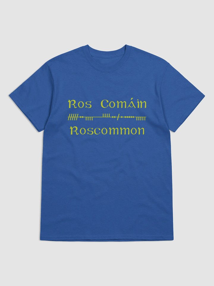 Roscommon/Ros Comáin Scholastic style Ogham blue printed T-shirt product image (1)