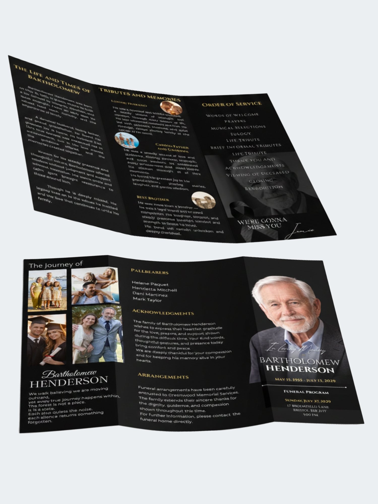 Celebration of Life Trifold for Men | Black & Gold Funeral Program, 6-Page US Letter Canva Template product image (5)
