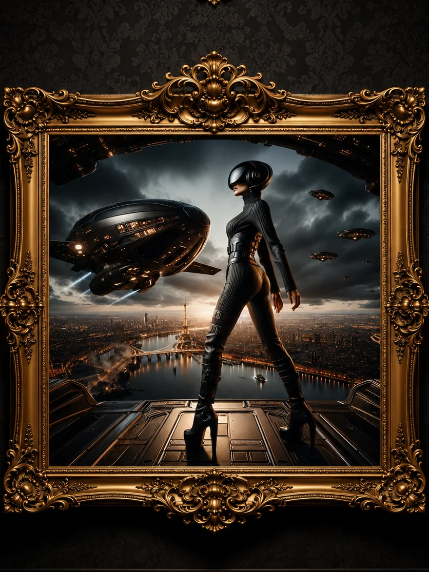 Cyberpunk Paris Art Print | Futuristic Woman Over Eiffel Tower | Sci-Fi Wall Decor product image (1)