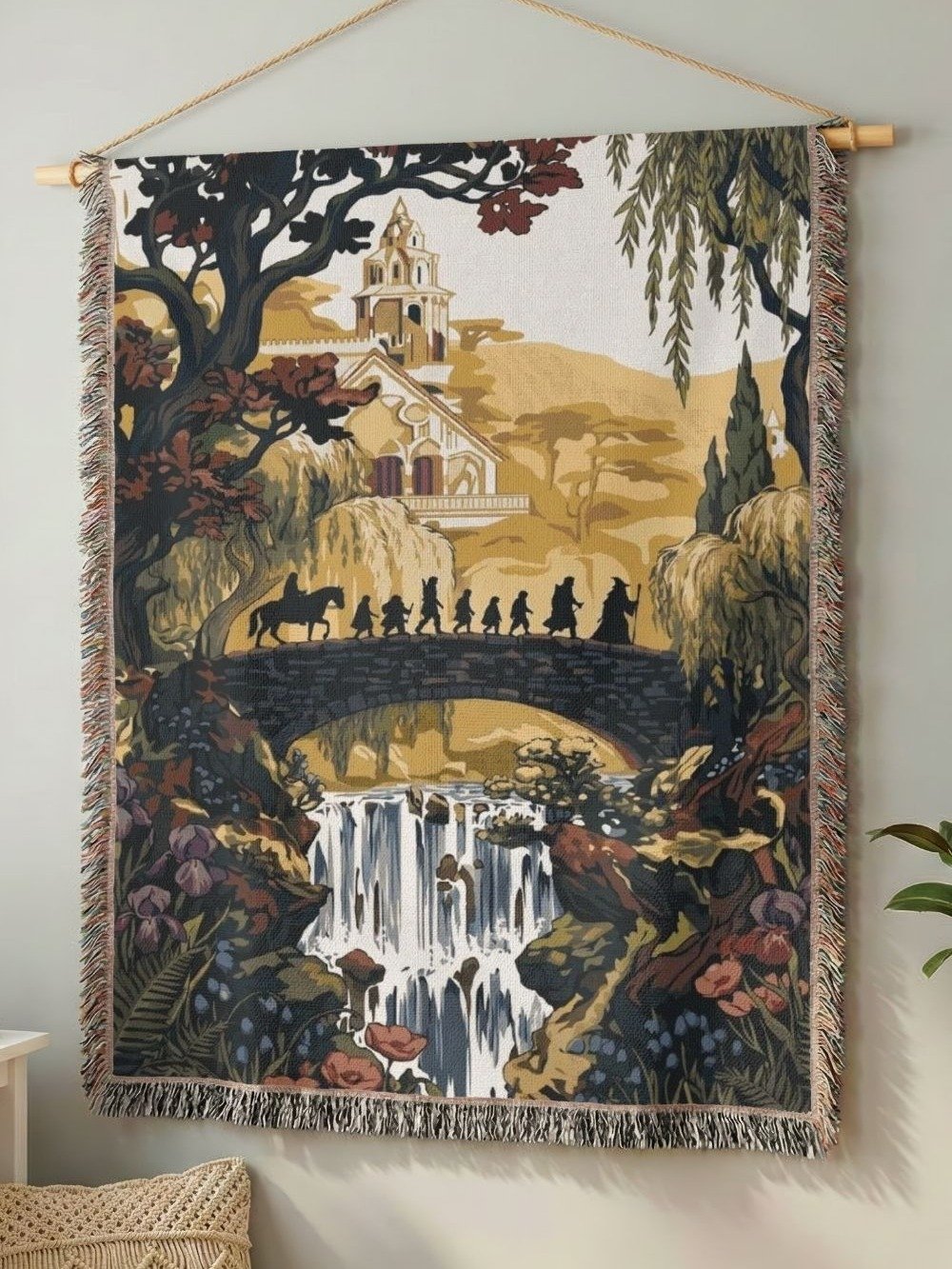 Autumn Fantasy Journey Woven Tapestry — Wizard & Travelers Bridge, Waterfall Throw Blanket product image (1)