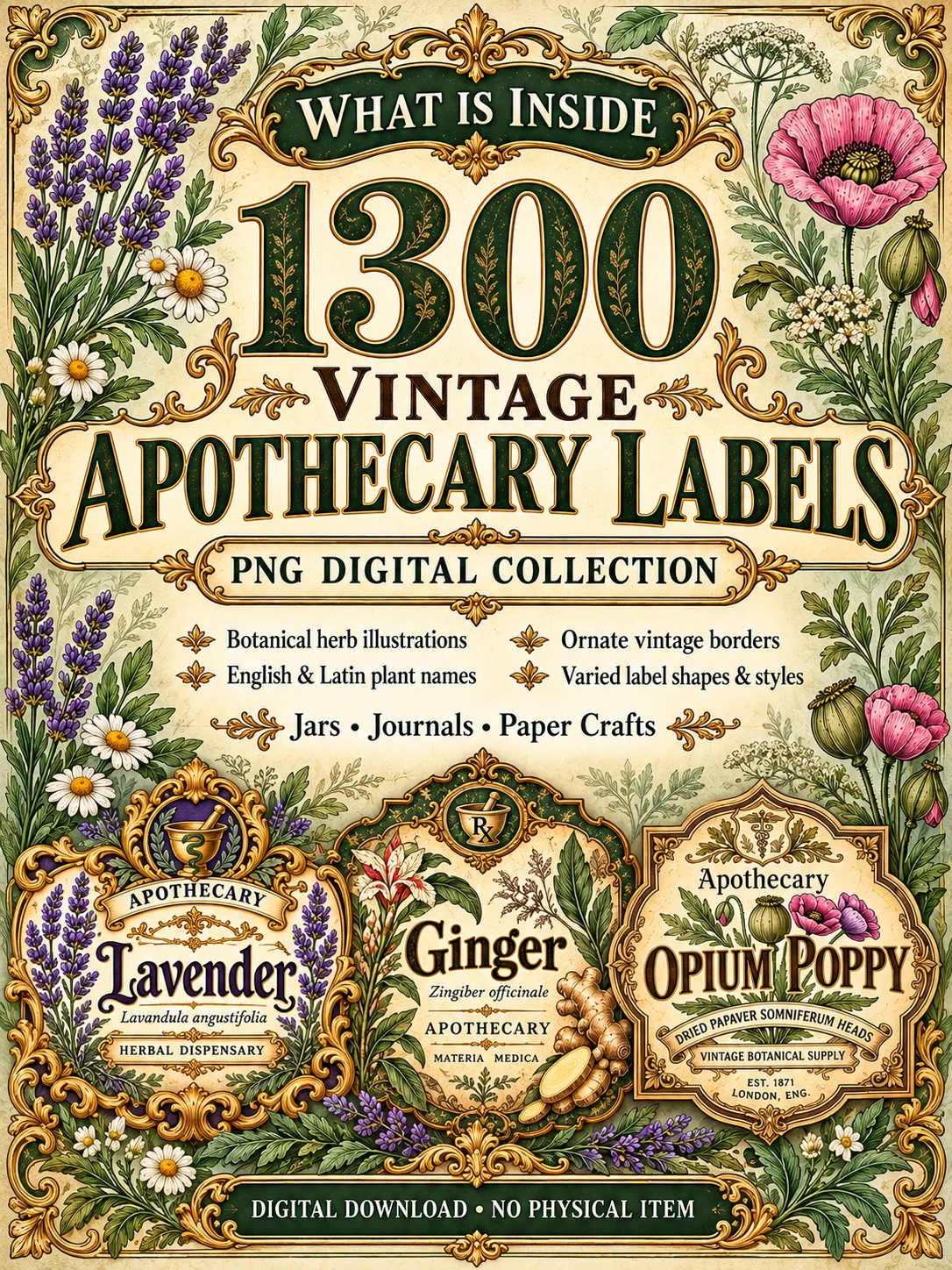 1300 Vintage Botanical Apothecary Labels, Printable Herb Jar PNG Bundle, Victorian Pharmacy Clipart, Junk Journal Ephemera Designs product image (2)