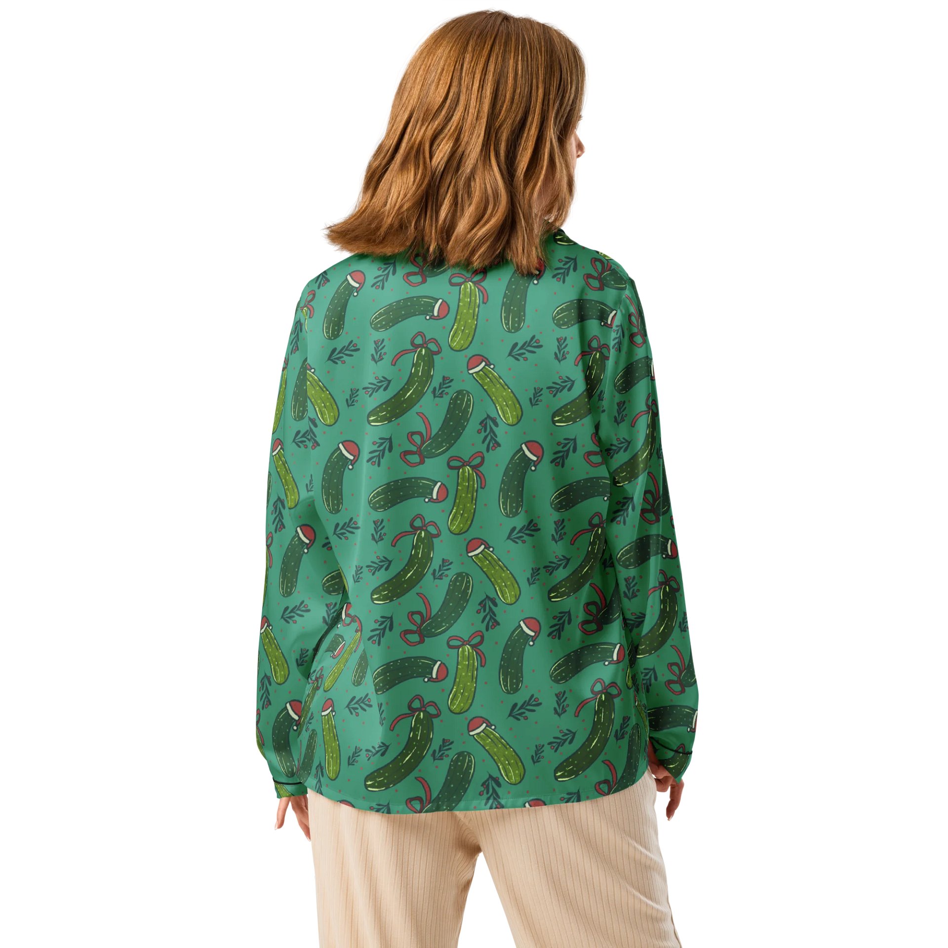 Funny Christmas Pickles Pattern Pyjama Shirt, Dark Green product image (3)