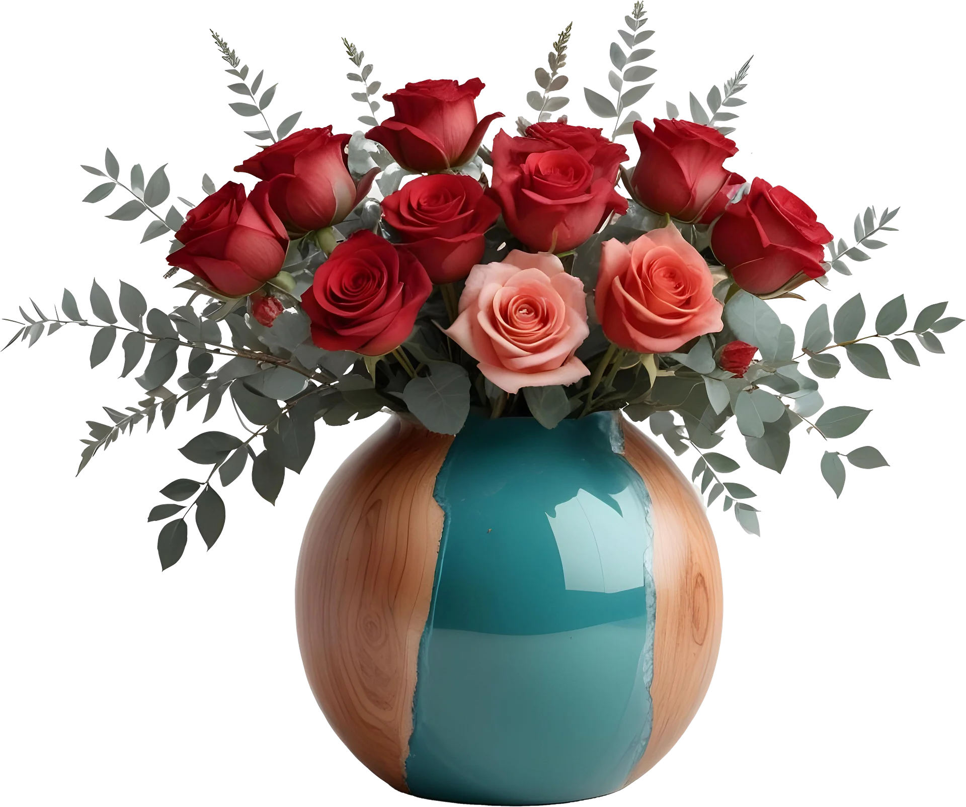 Ocean Serenity – Teal and Wood Rose Vase PNG product image (1)