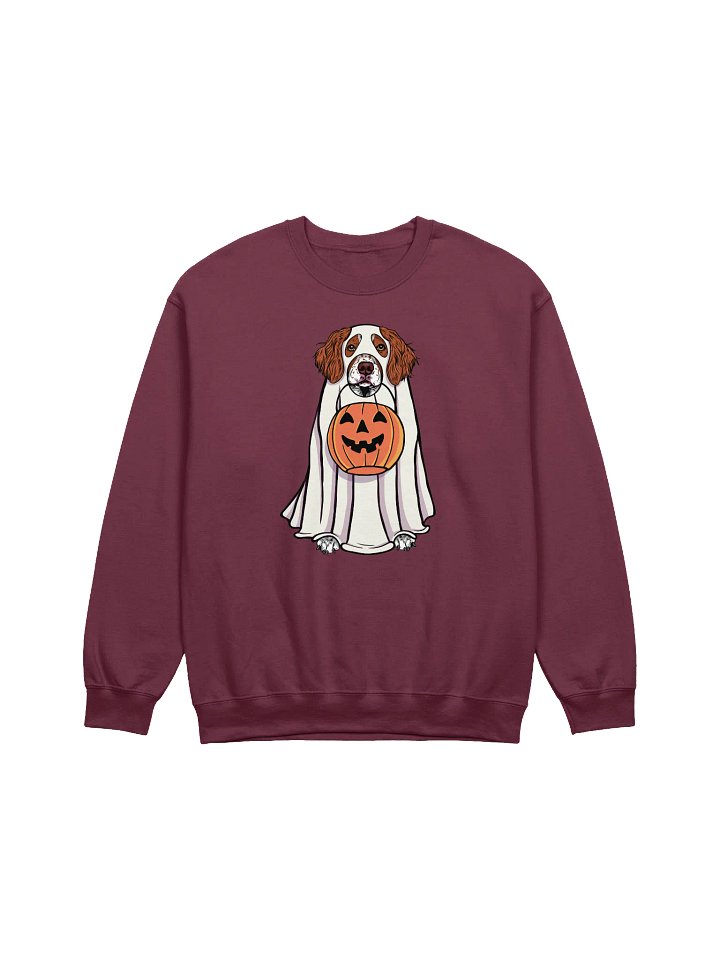 Funny Halloween Brittany Spaniel Sweatshirt | Funny Brittany Spaniel Wearing a Ghost Costume and Holding a Pumpkin Basket product image (1)