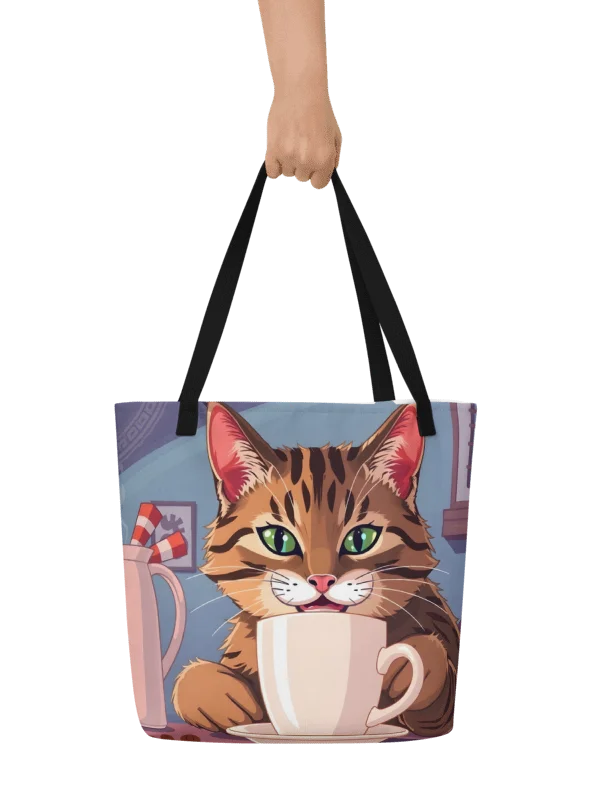 Large Tote Bag w/ Pocket-Caffeine Cat product image (4)