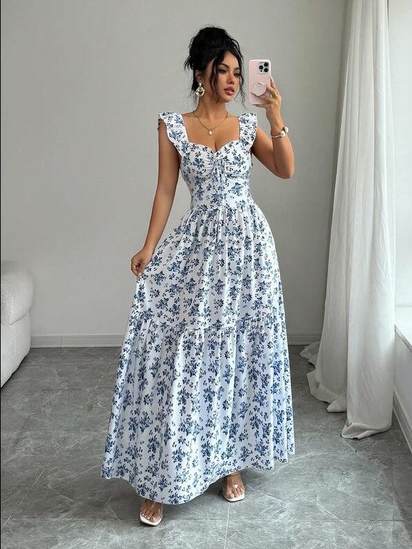 ADLEST French Elegant Casual Vacation Square Neck Lotus Leaf Flying Sleeves Polka Dot Print Texture Plaid Woven Chiffon Material Back Tie Pleated Large Skirt Spring And Summer Red Women Dress Summer product image (5)