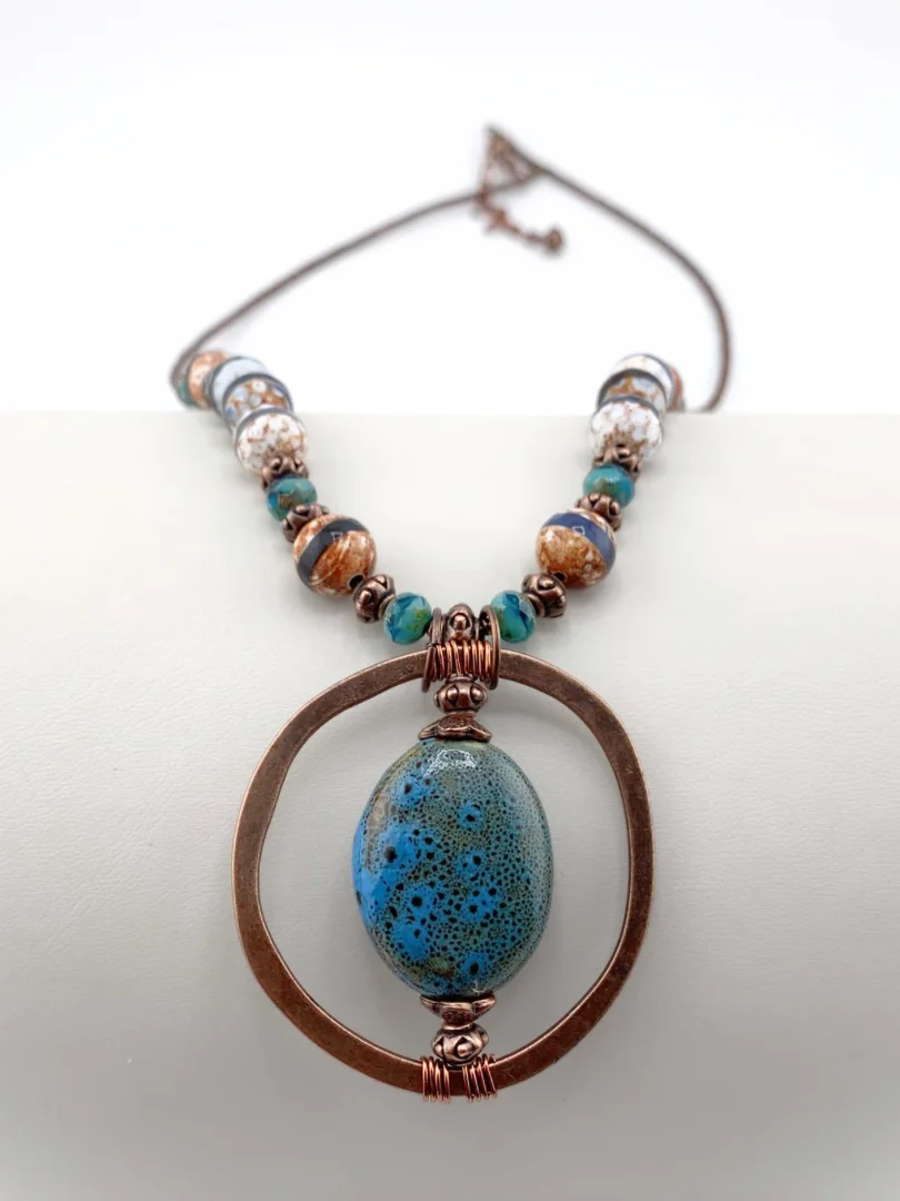 Blue and Copper Porcelain Pendant with Dzi Agate Neckace and Earrings Set product image (4)