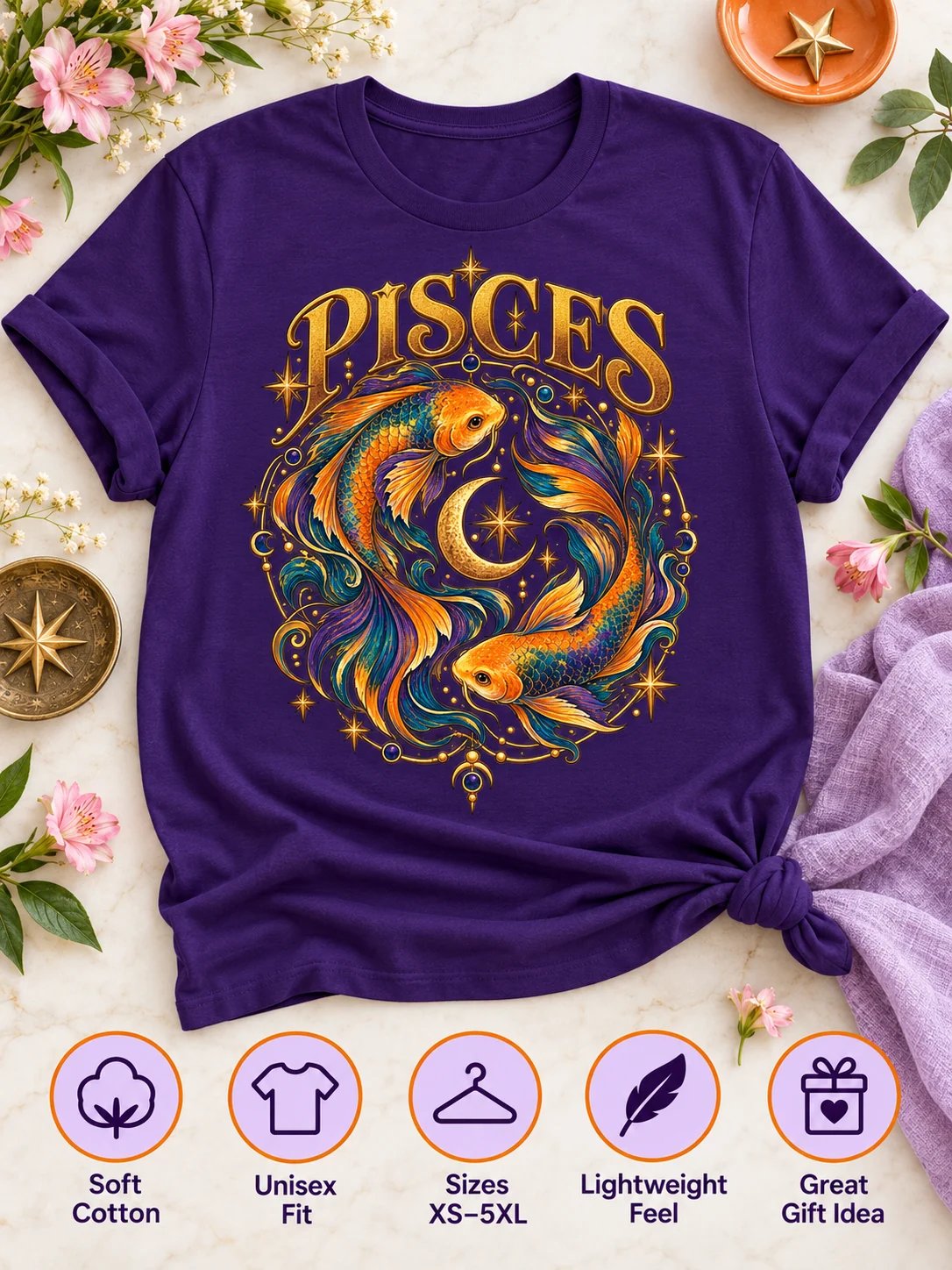 Pisces Zodiac T-Shirt With Flowing Celestial Fish Art product image (3)