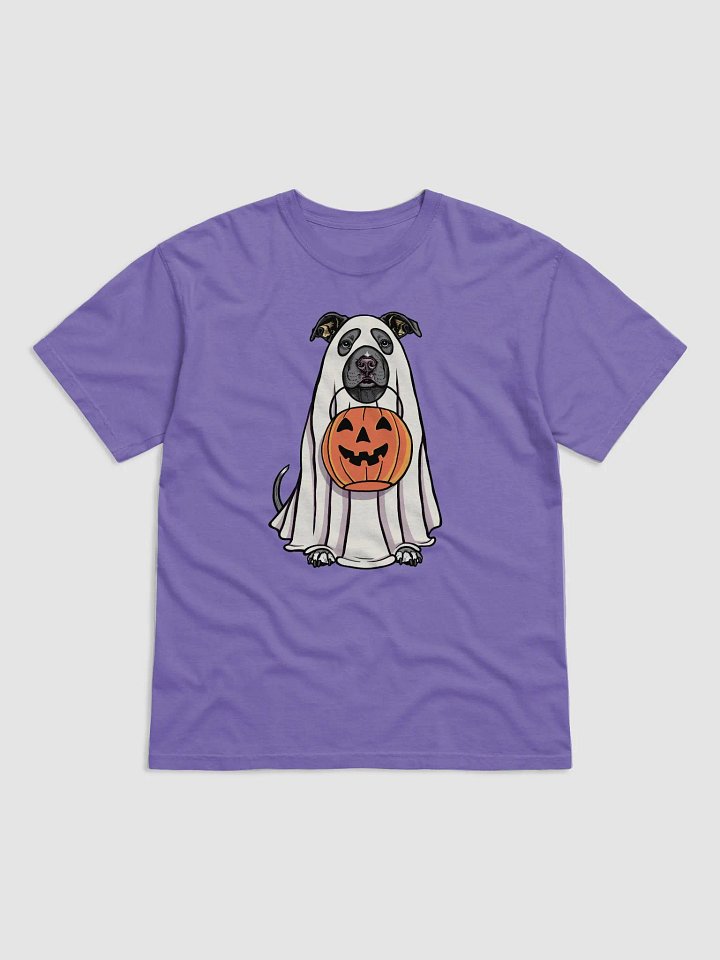 Funny Halloween Pitbull Terrier(Blue) T-Shirt | Funny Pittie Wearing a Ghost Costume and Holding a Pumpkin Basket product image (1)