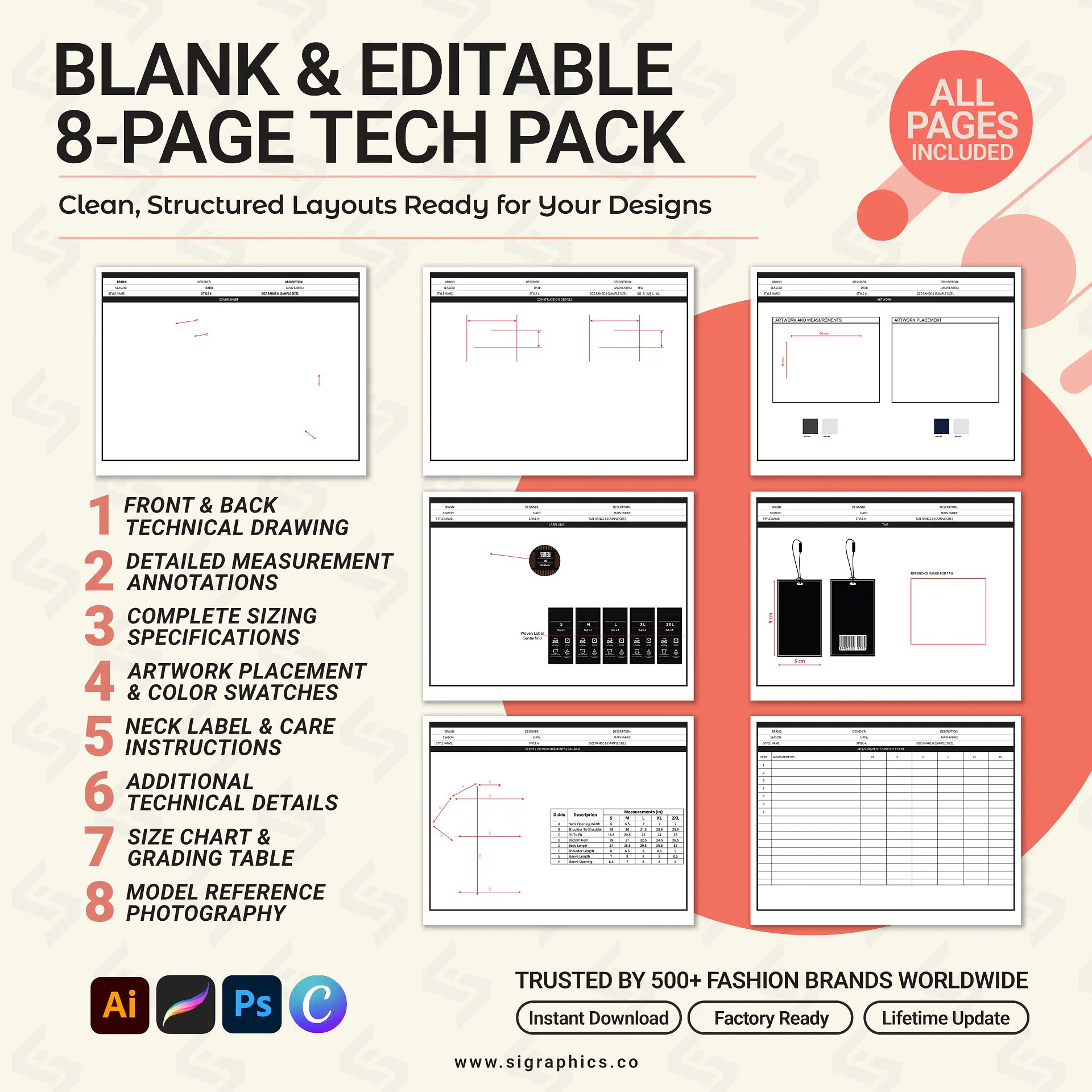 Crew Neck T-shirt Clothing Tech Pack Template product image (4)
