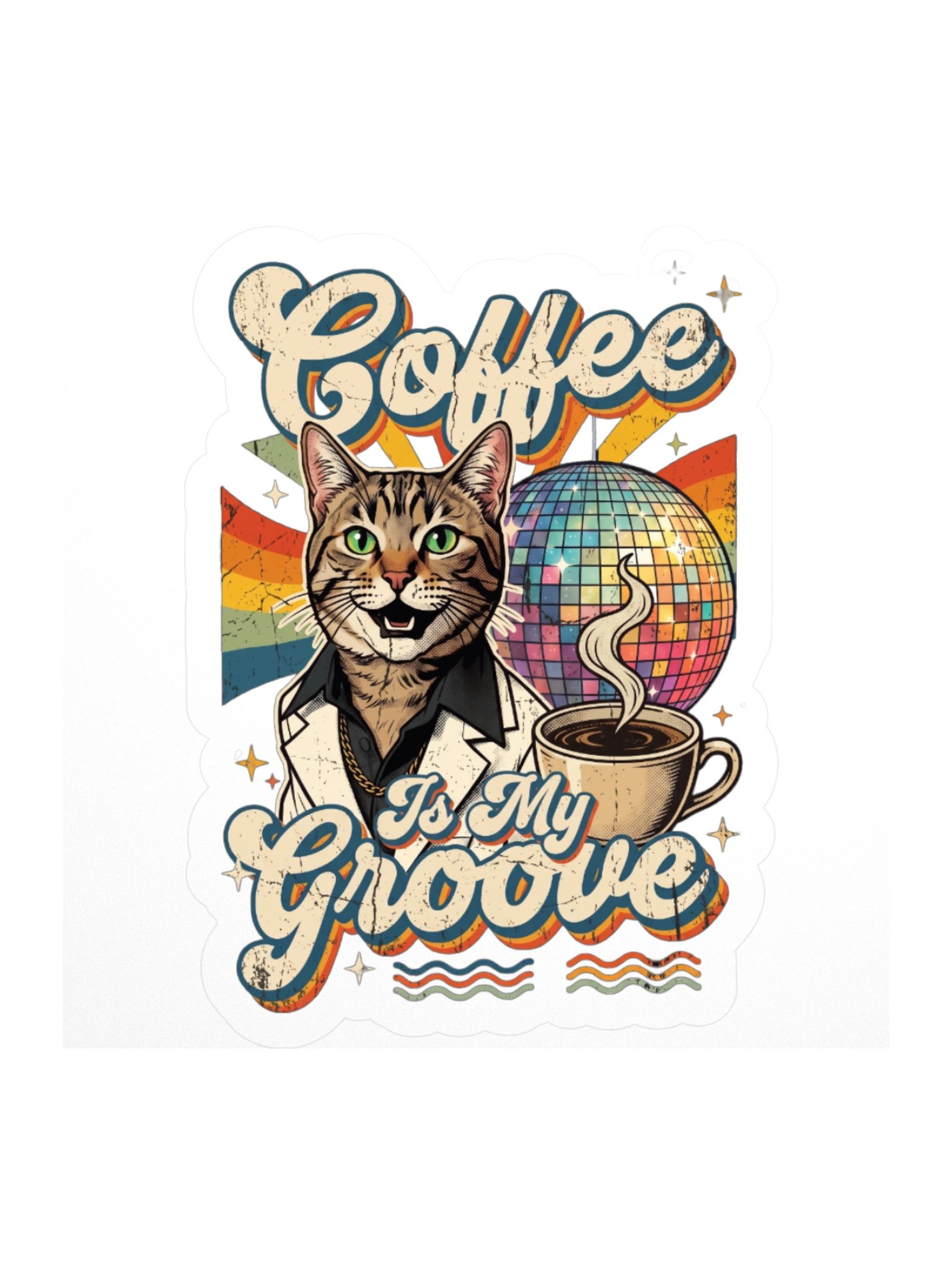 Coffee is My Groove Retro Disco Cat Sticker product image (1)