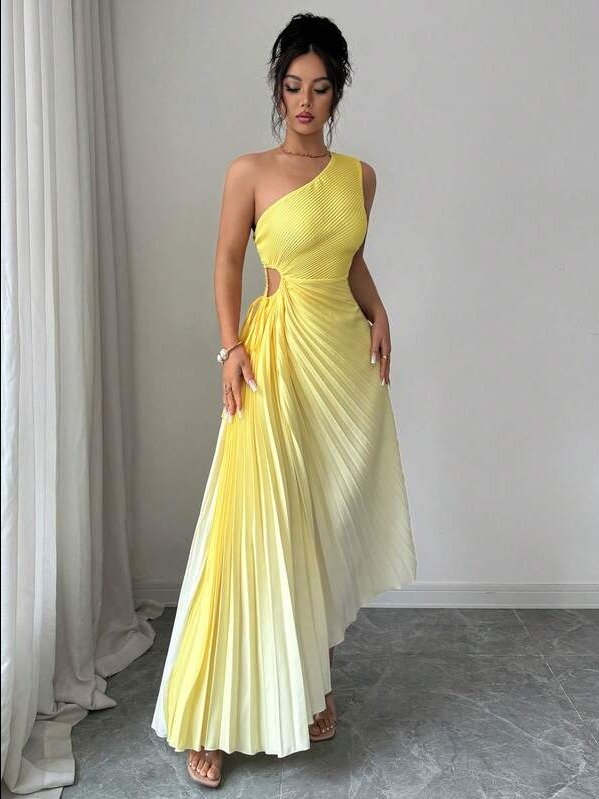 ADLEST Modelyn Yellow Sleeveless Asymmetric Neck Pleated Ombre Dress For Women Pleated Dress product image (1)