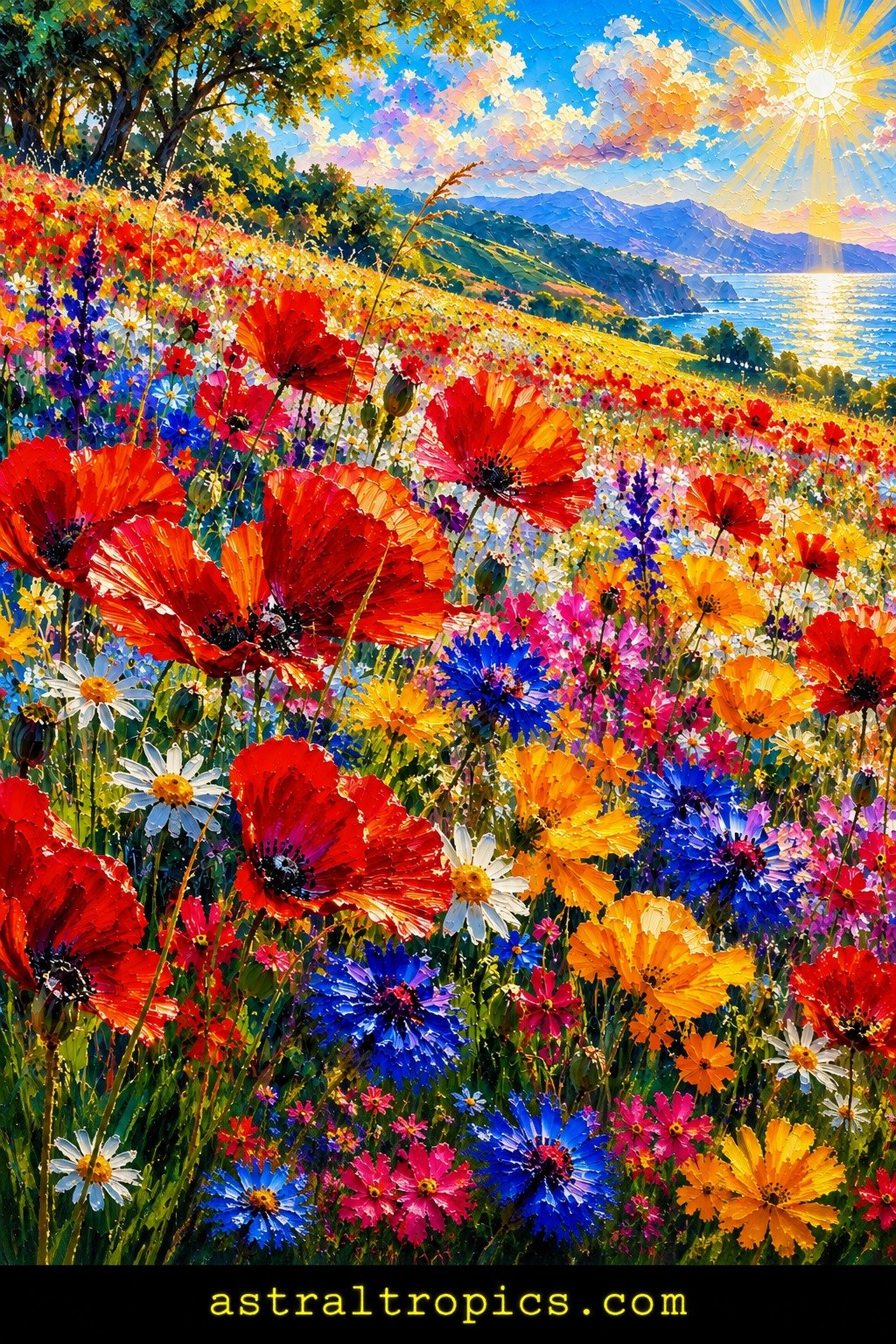 Colorful Wildflower Coast Oil Painting Poster 10x10 | Bright Floral Ocean Wall Art product image (1)