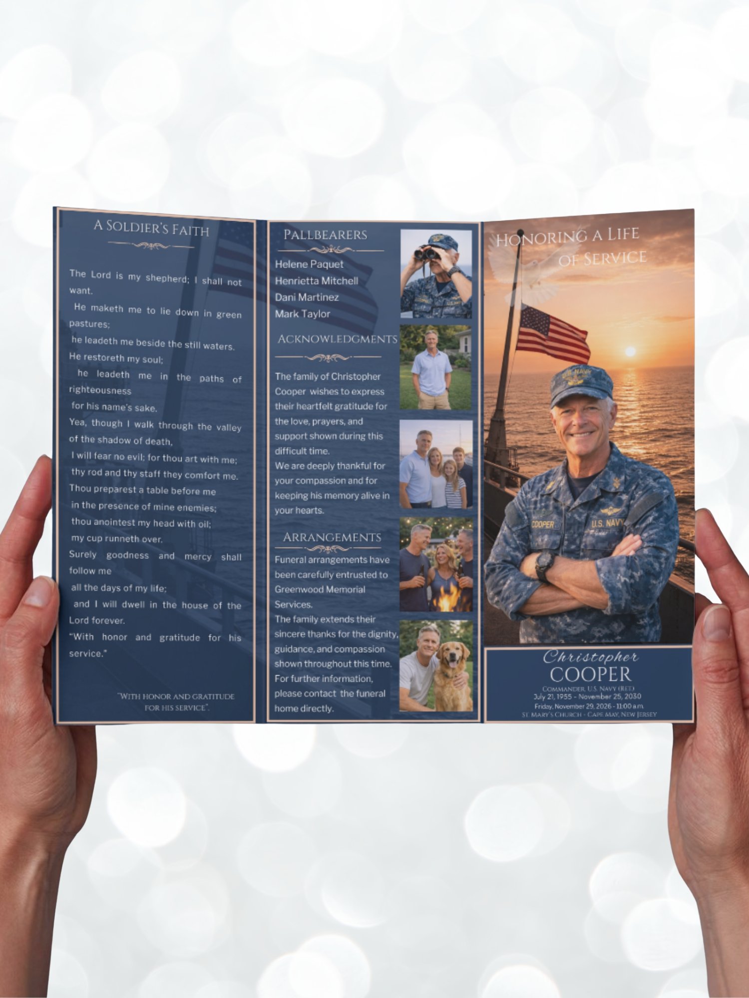 US Navy Trifold Funeral Program Template • Sunset Landscape with Flag • Editable in Canva • US Letter & Legal Sizes • 6 Pages product image (5)