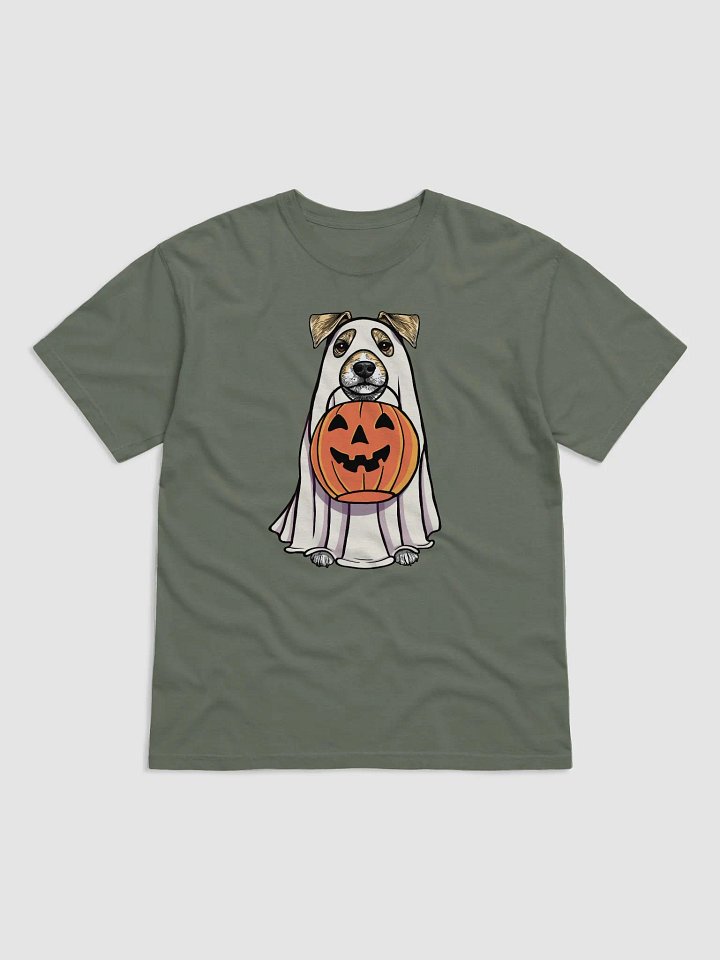 Funny Halloween Jack Russell Terrier(Lemon) T-Shirt | Funny JRT Wearing a Ghost Costume and Holding a Pumpkin Basket product image (1)