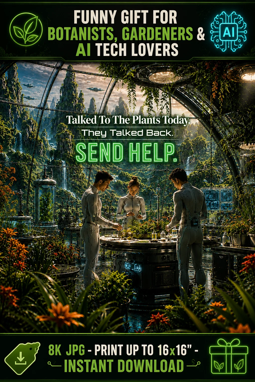 Funny Botanist Gift 8K Sci-Fi Garden Lab Art | AI Tech Lover Printable Poster 16x16 JPG product image (1)