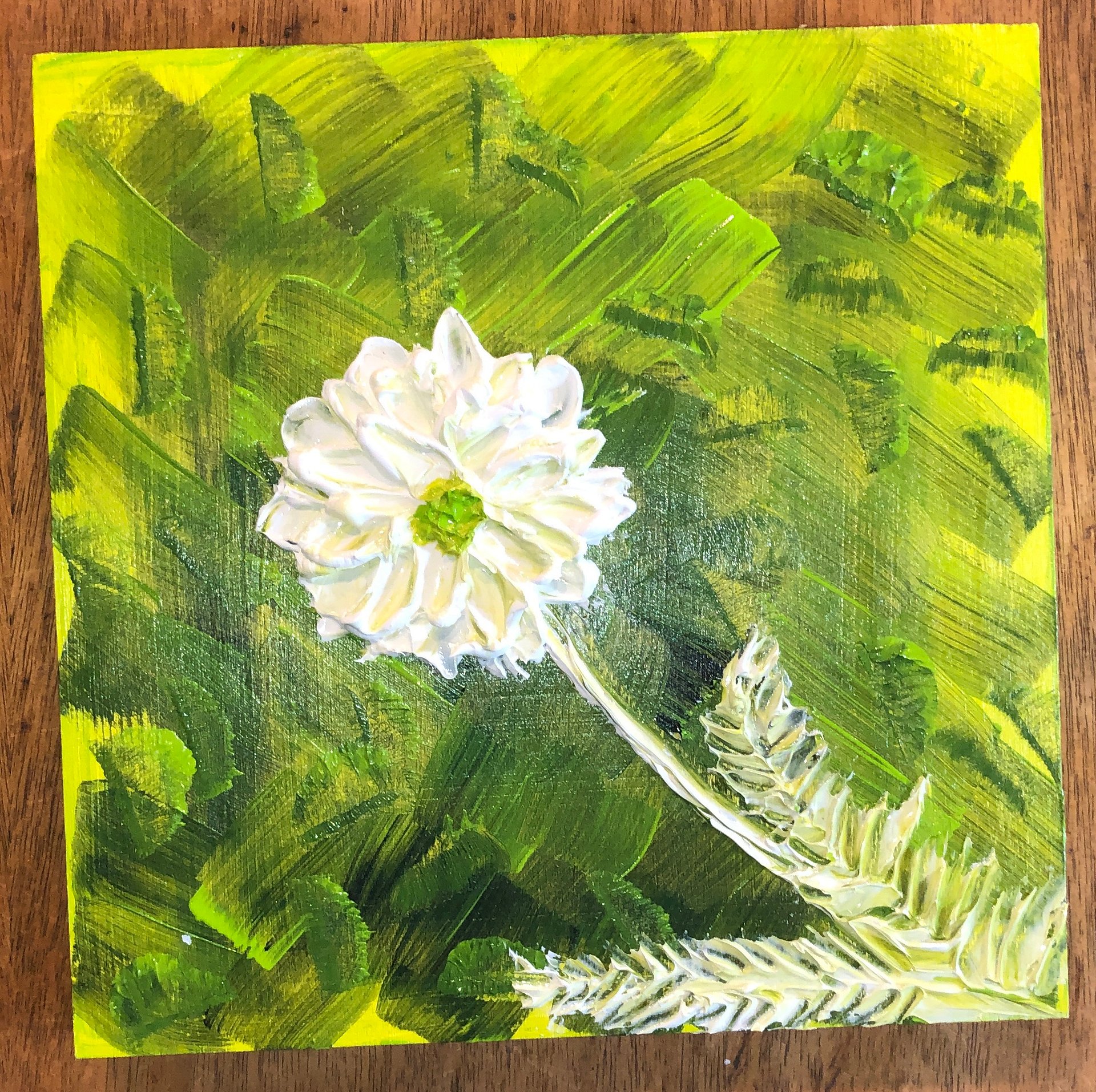 "White Daisy on multi green background" 8"x8" birch panel impressionistic Impasto painting- product image (1)