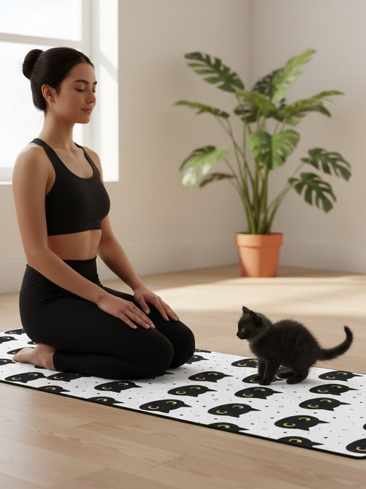 Cute Black Cat Face Yoga Mat product image (1)