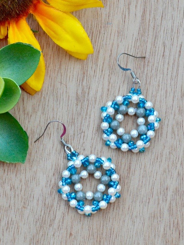 Crystal Blue, Grey and White Pearl Handmade Beaded Star Shaped Earrings product image (1)