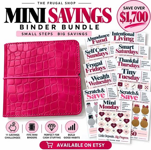 Make saving money stylish, fun and intentional with The Frugal Shop Pink Croco Mini Savings Binder Bundle! This vibrant hot-p...
