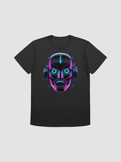 Neon Robo-Mustache Tee on a black shirt.
