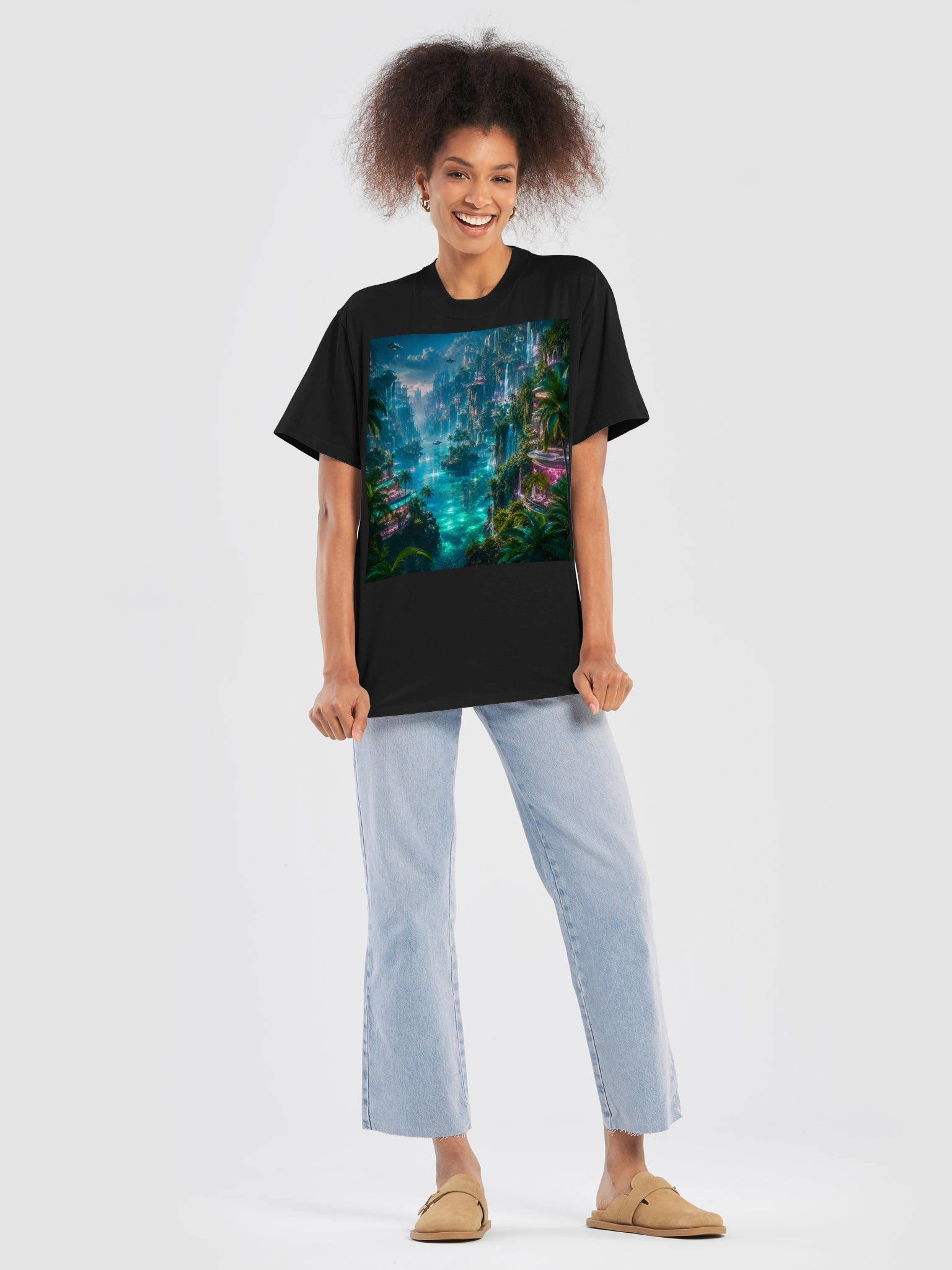 Futuristic Paradise T-Shirt | Unisex Neon Tropical City Tee | Emerald Turquoise Sci-Fi Resort Art product image (8)