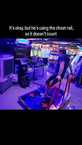 Wow! Amazing play, but he's using the safety rail, so it doesn't count 

#dancegame #rhythmgame #DanceDanceRevolution #musicg...