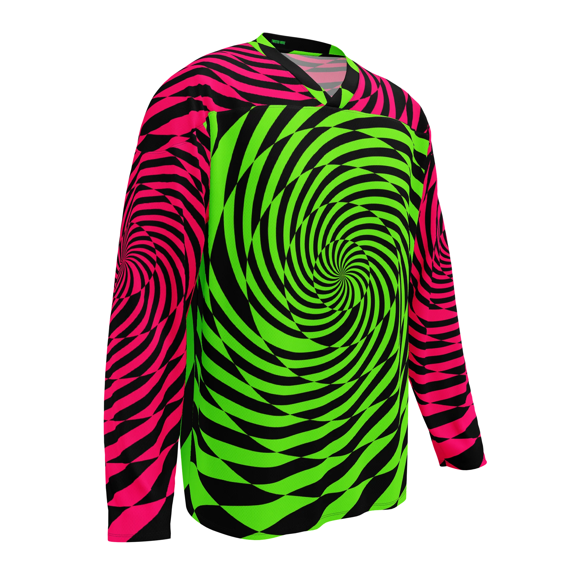 Psychedelic Rave Recycled Hockey Jersey, Trippy Spiral EDM Shirt, Techno Dance Party Festival Top, Neon Green Pink Black Alternative Clothes product image (1)