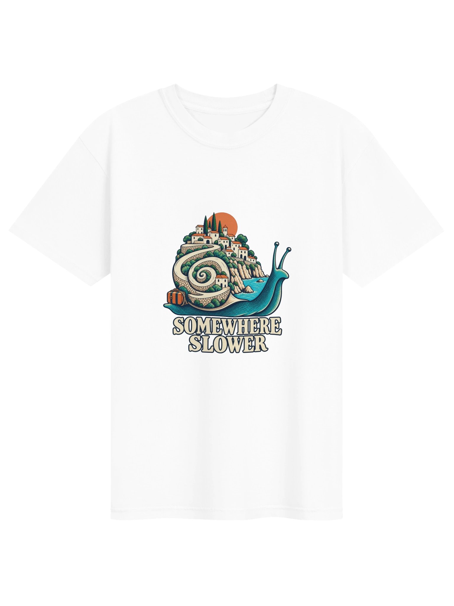 White Somewhere Slower T-shirt featuring a turquoise snail carrying a tiny Mediterranean village