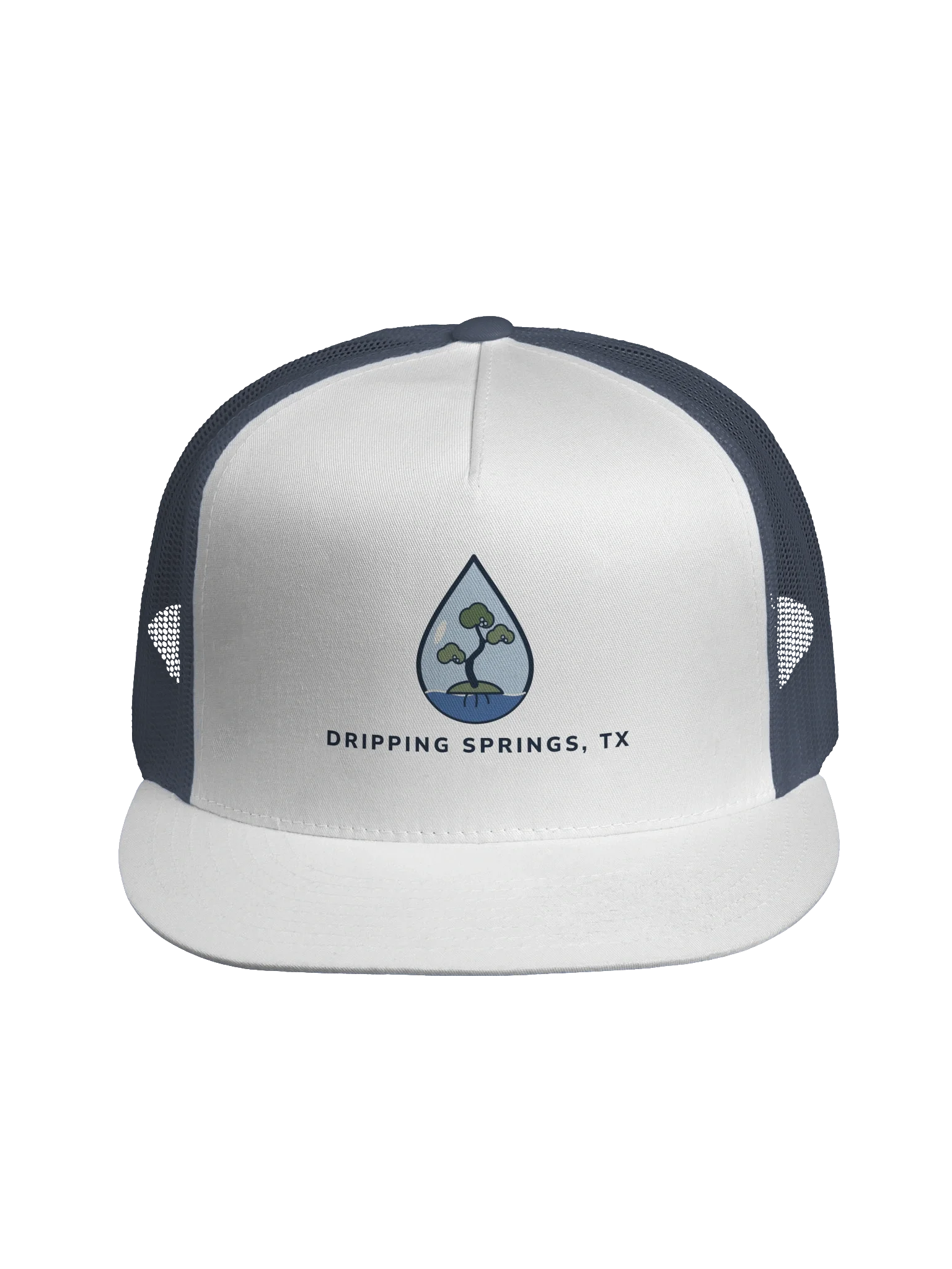 Dripping Springs Trucker in Navy/White/Navy: the Juniper Drip water droplet with a juniper tree inside