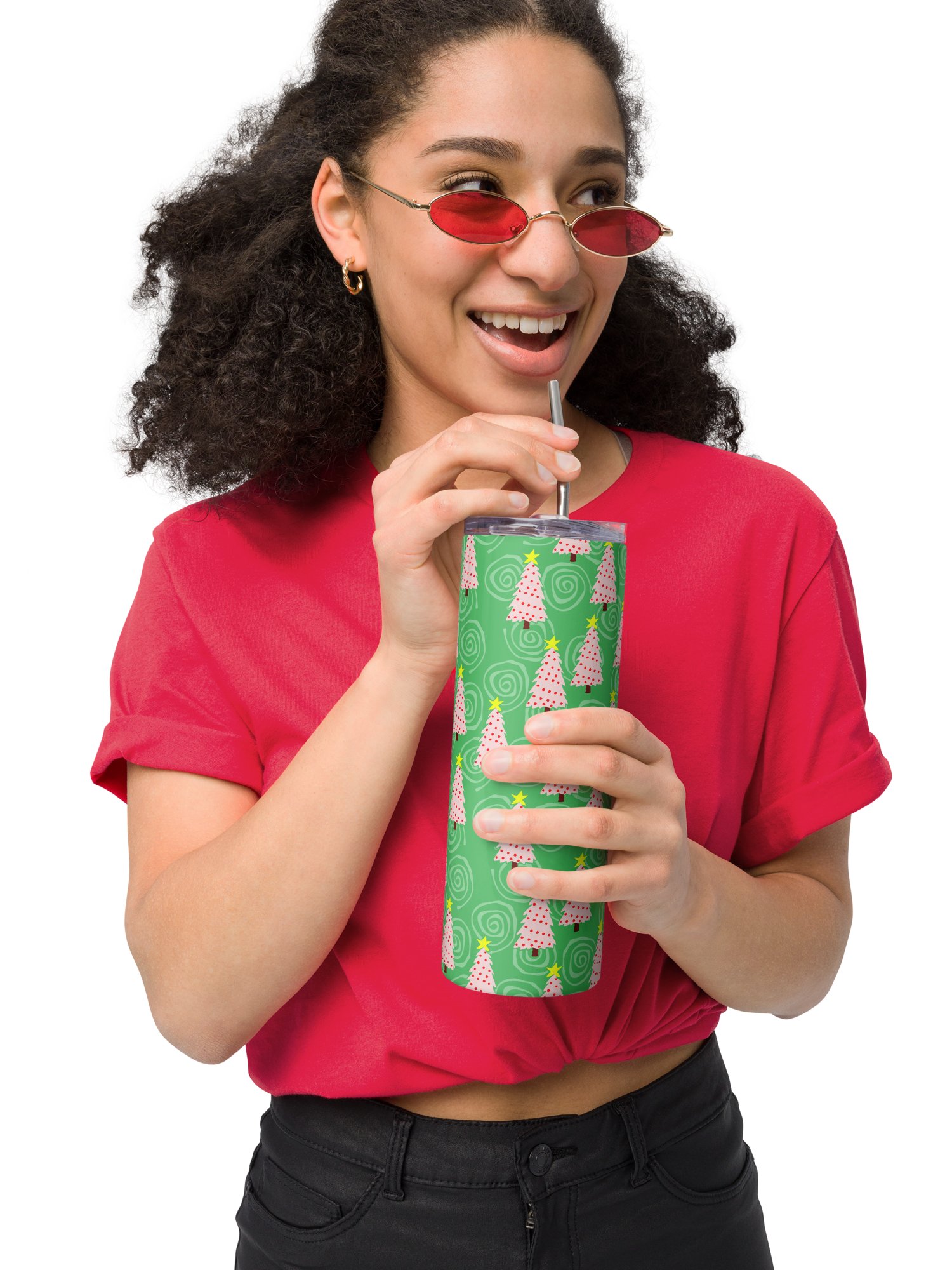 Pink Christmas Trees on Green Spirals Stainless Steel Tumbler with Straw product image (7)