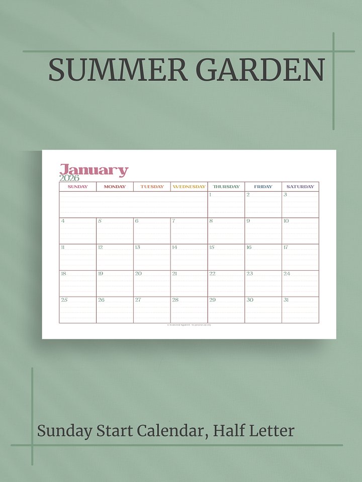 Summer Garden 2026 Calendar - Single Page per Month, Sunday Start, Half Letter Size product image (1)